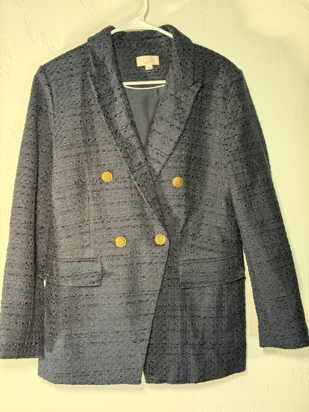 LOFT Navy Tweed Double-Breasted Blazer with Gold Buttons Classic Beauty 12